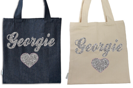 Tote Heart with Name Silver Glitter Vinyl